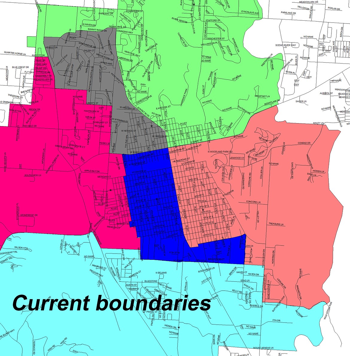 Current elementary district boundaries in Kalispell Public Schools. Minor changes were approved by the school board on Tuesday.
Key: green, Edgerton; gray, Russell; dark blue, Elrod; pink, Hedges; purple, Peterson; light blue, Rankin