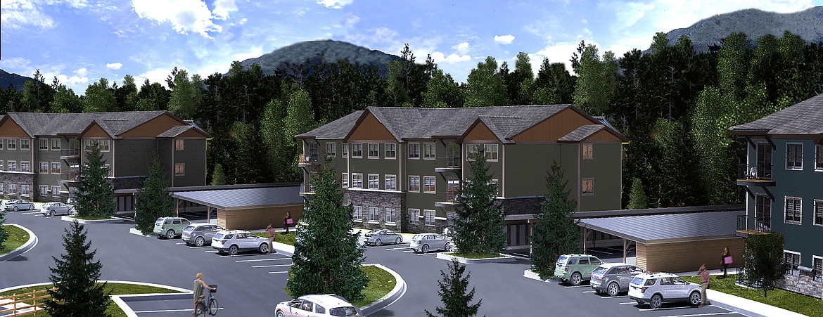 This artist&#146;s rendering shows the plans for the exterior of the Highline Apartments in Columbia Falls. Phase one of the complex is expected to be ready for occupancy in August.