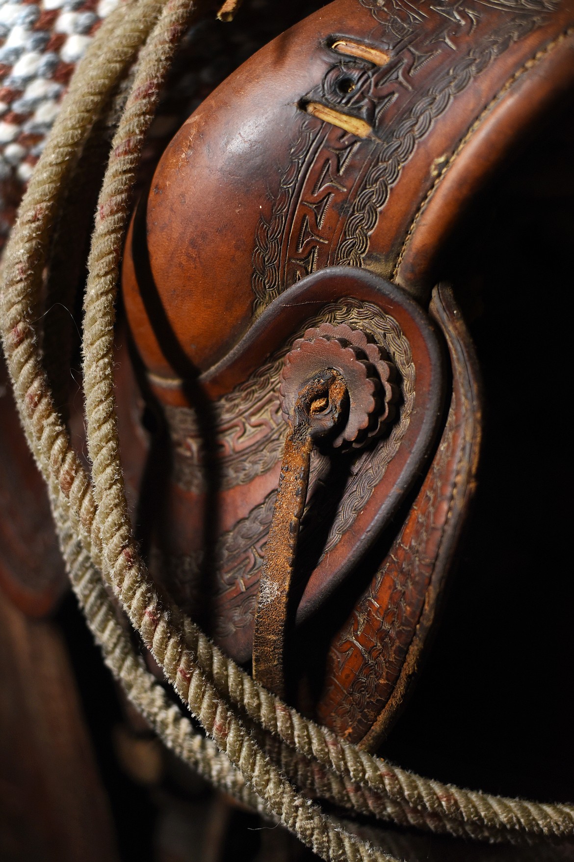Detail of a leather saddle in the Saddle Shop.