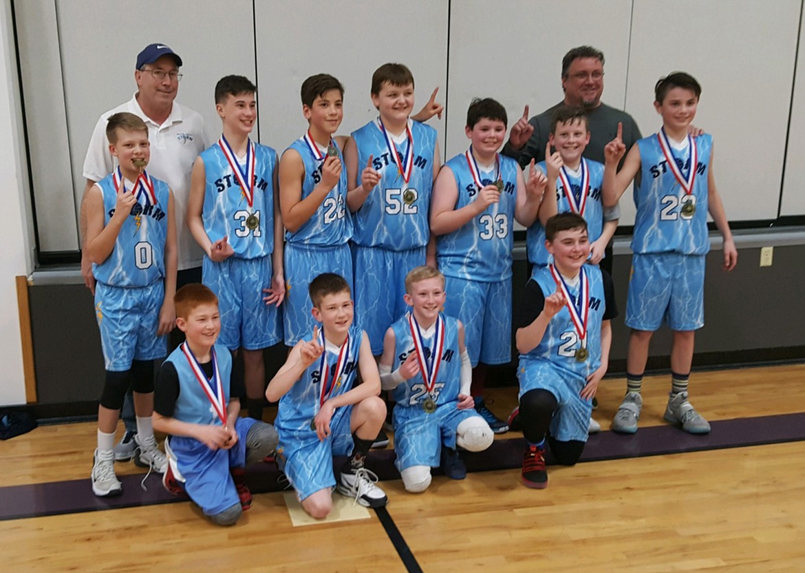 Courtesy photo
The North Idaho Storm boys sixth-grade AAU basketball team posted a 3-0 record at the Rally in the Valley tournament last weekend in Kellogg. The Storm beat Kellogg 35-14 and the Misfits 32-8 to reach the championship game, where the Storm beat Kellogg 49-4 in the rematch. In the front row from left are Cyrus Coppenger, Cole Coppenger, Garrett Varner and Shaun Tidball; and back row from left, Gavin Duvall, head coach Al Arnone, Quentin Astrauskas, Shane Parker, Chris Zabel, Evan Hensyel, assistant coach Trevor Reynolds, and Gavin Reynolds.