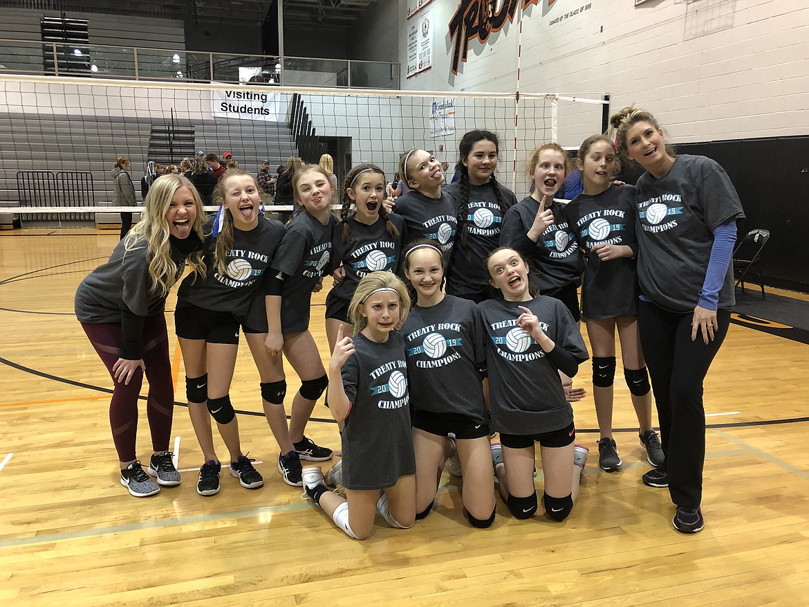 Courtesy photo
The 208 under-12 green team won the Treaty Rock volleyball tournament in Post Falls on March 16. In the front row from left are Addy Hocking, Paisley Goings and Hallie Whitmire; and back row from left, coach Carli Daniels, Taylor Winey, Isabelle Covey, Vanessa Kison, Delaney Wise, Kaela Gump, Emily Shafer, Hailey Knight and coach Jessica Janke-Trevena.