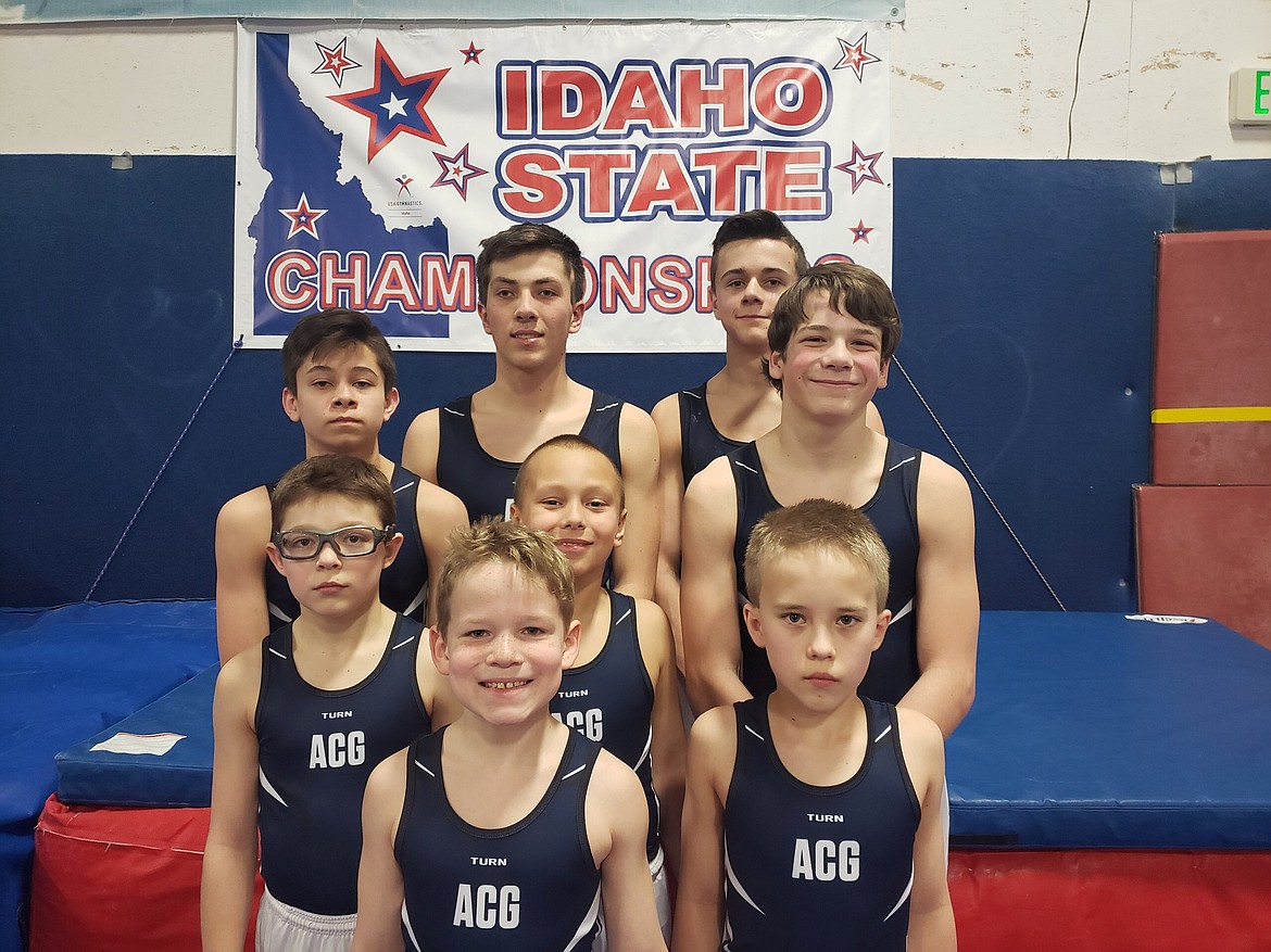 Courtesy photo
Avant Coeur boys competing at the state gymnastics meet in Coeur d'Alene include, front row from left, Hudson Petticolas and Malachi Organ; second row from left, Blake Laird, Conan Tapia and Daniel Fryling; and back row from left, Aiden Rodebaugh, Brayden Hoyt and Jon Winkelbaur.