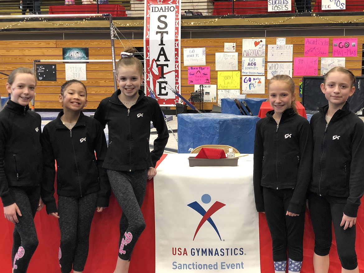 Courtesy photo
Avant Coeur Level 4 Senior Girls at the Idaho state gymnastics championships in Moscow, from left, Riley Roberts, Jeralyn Thong, Hayden Hawke, Sophie McMahon and Kayce George.