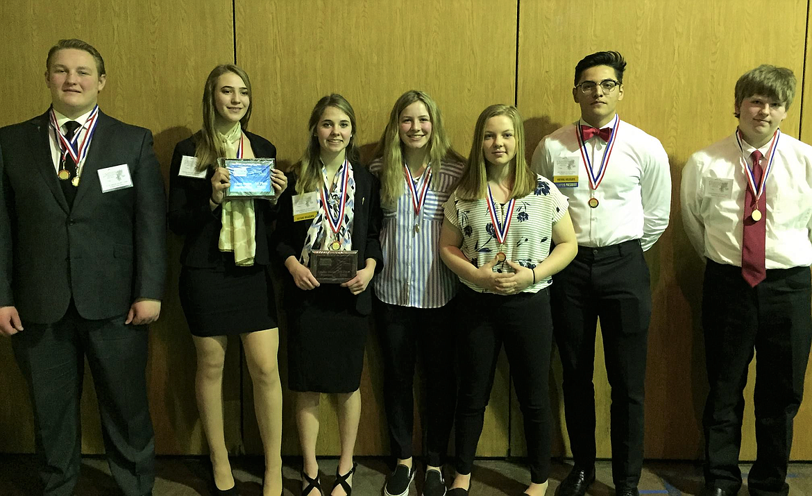 SUPERIOR BPA members (left to right) Jacob Lapinski, Summer Bonsell, Bailey Milender, Cassie Green, Taylor Haskins, Jack Mitchell, Howard Edison and Joseph Cantrell (not pictured) will go to the National Leadership Conference in May. (Photo courtesy of Superior BPA)