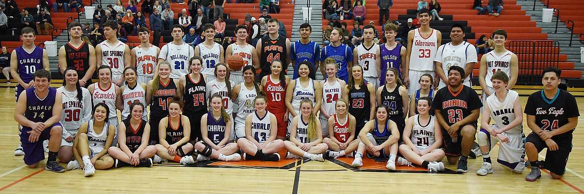 TOP BASKETBALL athletes from Lake and Sanders counties, in addition to Bigfork, provided entertainment during the Mission Valley All-Star Games played Thursday, March 21 at the Ronan Event Center. The four teams are pictured together between the girls&#146; and boys&#146; games. (Joe Sova photos/Lake County Leader)