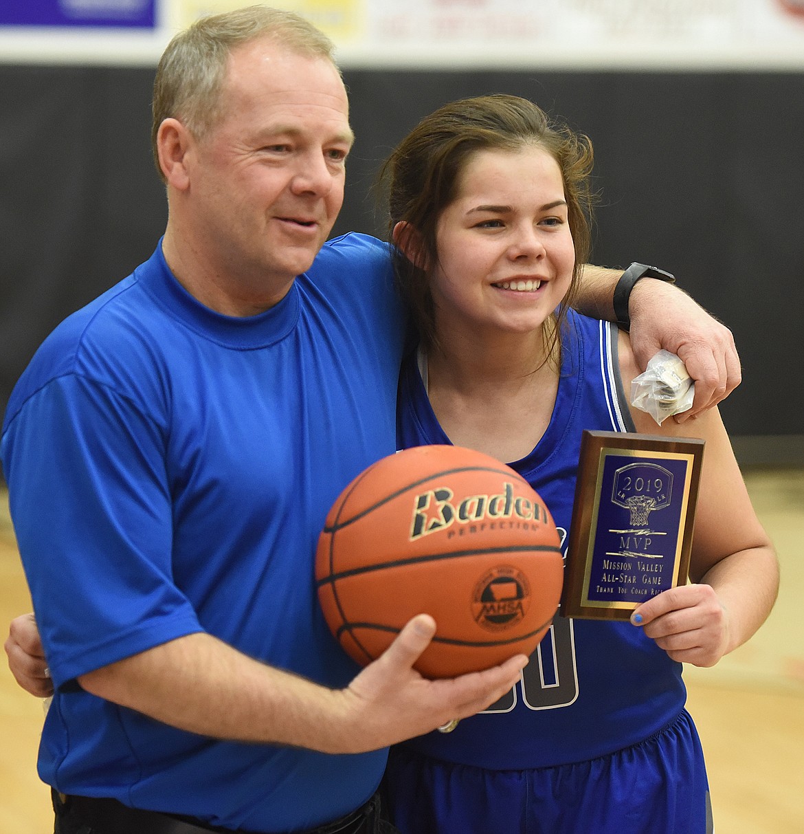 AZIA UMPHREY of Mission is pictured with Ronan girls' coach Steve Woll after Umphrey won the Les Rice Memorial 3-point Shootout title. The event was held during Mission Valley All-Star Game festivities March 21 at the Ronan Event Center.