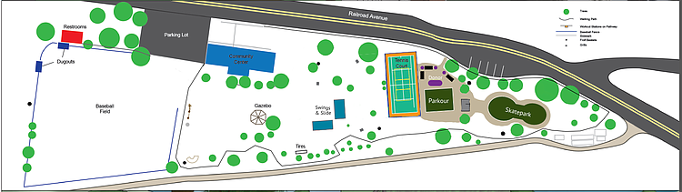 THE ALBERTON Park renovation will include a skatepark, Parkour Course, walking path, and new tennis court. Renovations are planned for the first part of June.  (Photo courtesy of PEAK Foundation)