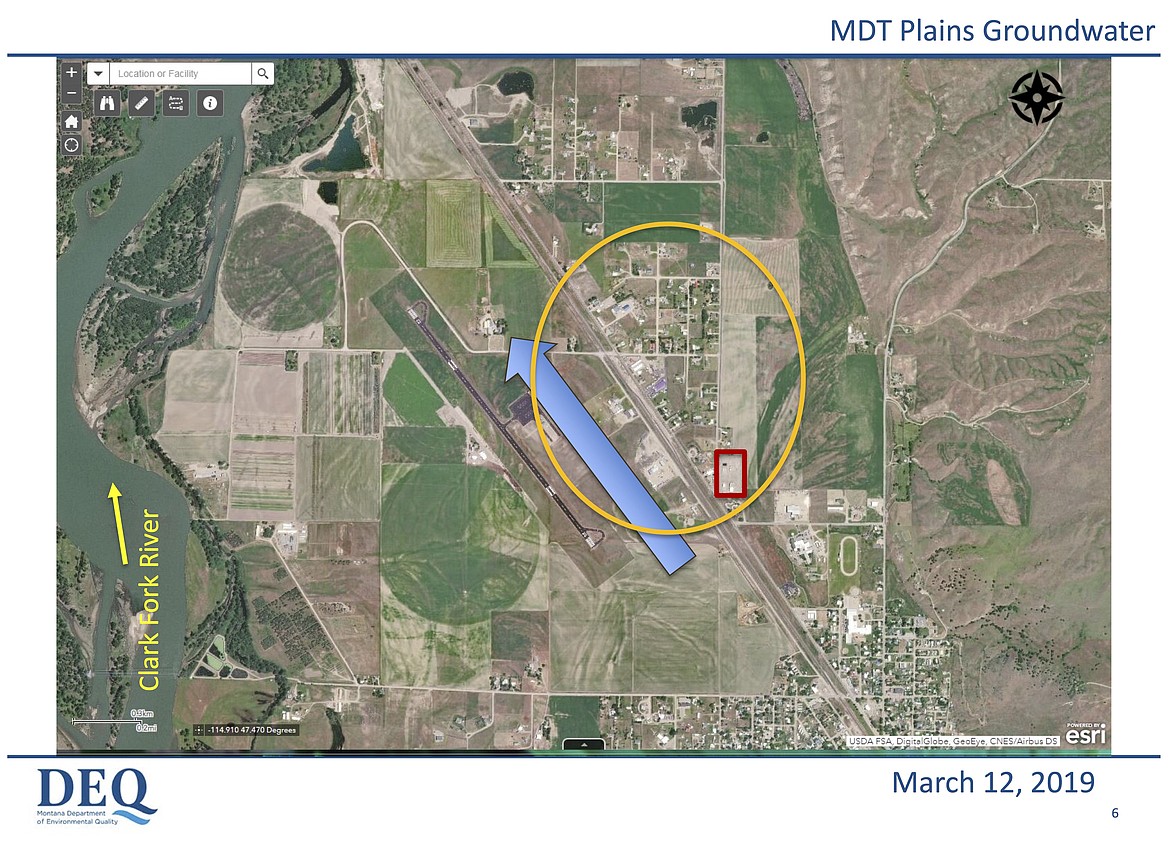 AERIAL PHOTO showing possible area of influence and direction of flow (blue arrow) of salty groundwater west of Plains, originating from the Montana Department of Transportation maintenance facility in red. (Photo courtesy of Montana Department of Environmental Quality)