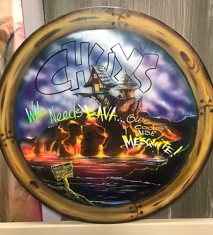 STEVE EBERHARDT designed the table above for a Chuy&#146;s &#147;Tex-Mex&#148; restaurant in southern California. At right is a &#145;Dragon Master&#148; sketch with its own story line.