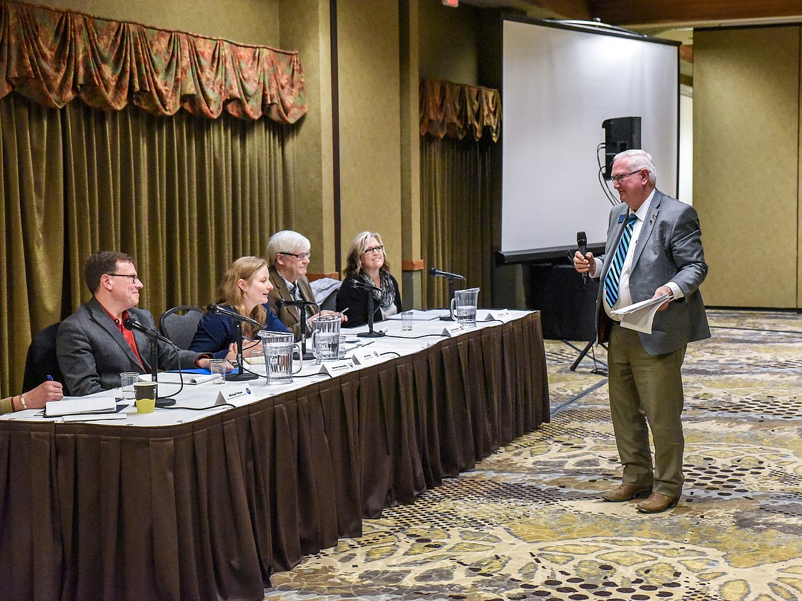 Montana State Sen. Mike Cuffe, District 1, addresses members of the Columbia River Treaty negotiating team during remarks that concluded the town hall in Kalispell Wednesday. (Ben Kibbey/The Western News)