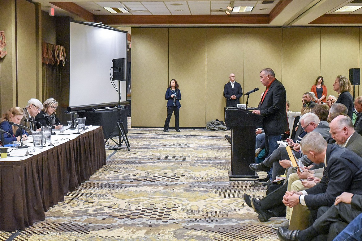 Flathead County Commissioner Randy Brodehl spoke during a town hall held by the Columbia River Treaty negotiating team in Kalispell Wednesday, expressing support for considerations for Montana and for Lincoln County in future negotiations. (Ben Kibbey/The Western News)