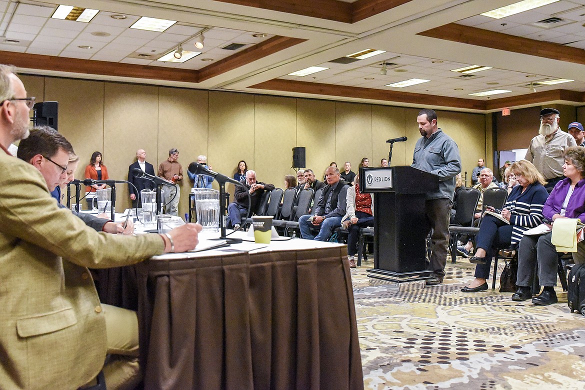 Lincoln County Commissioner Josh Letcher speaks during a town hall held by the Columbia River Treaty negotiating team in Kalispell Wednesday. (Ben Kibbey/The Western News)