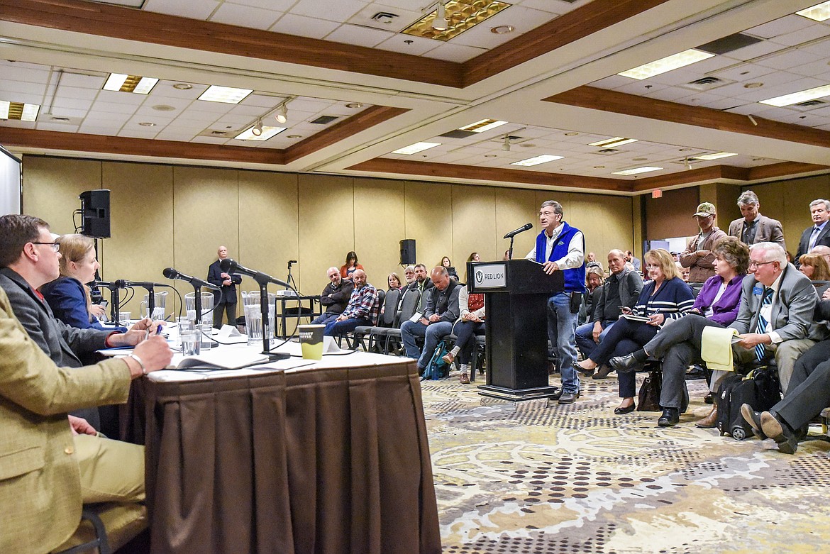 Lincoln County Commissioner Jerry Bennett speaks during a town hall held by the Columbia River Treaty negotiating team in Kalispell Wednesday. (Ben Kibbey/The Western News)