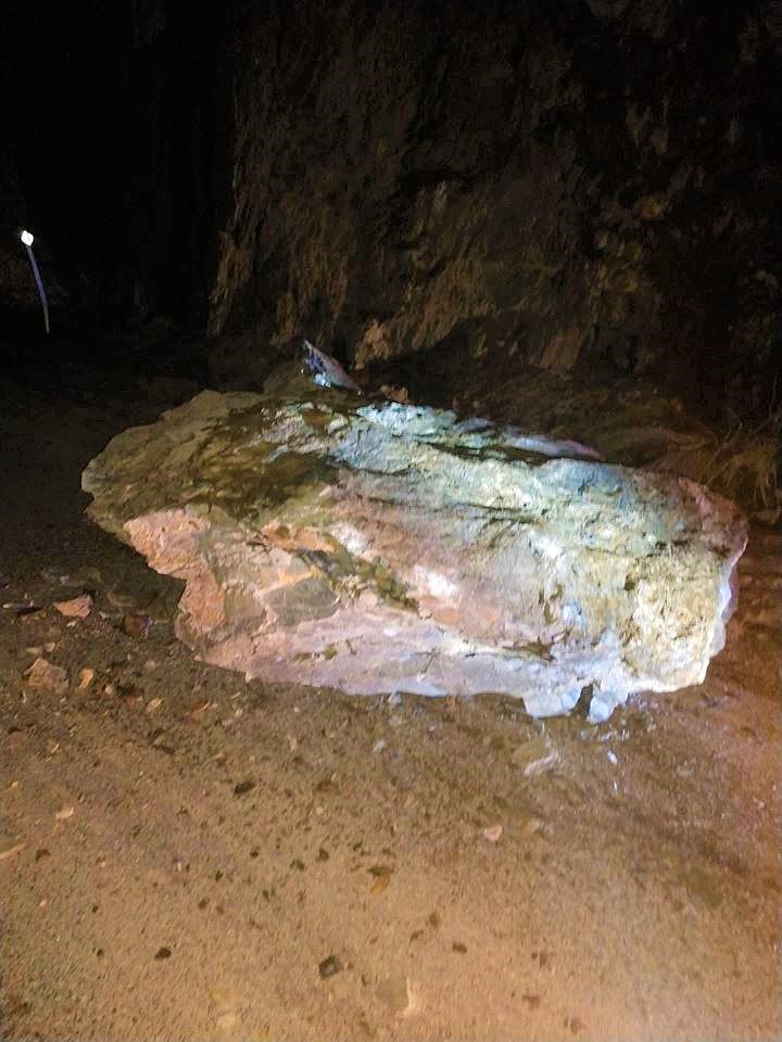 Mineral County Sheriffs office cautions drivers about falling rock and debris as snow thaws around the area like this boulder which fell on Mullan Road near Superior last week. (Photo courtesy of Mineral County Sheriffs Department).