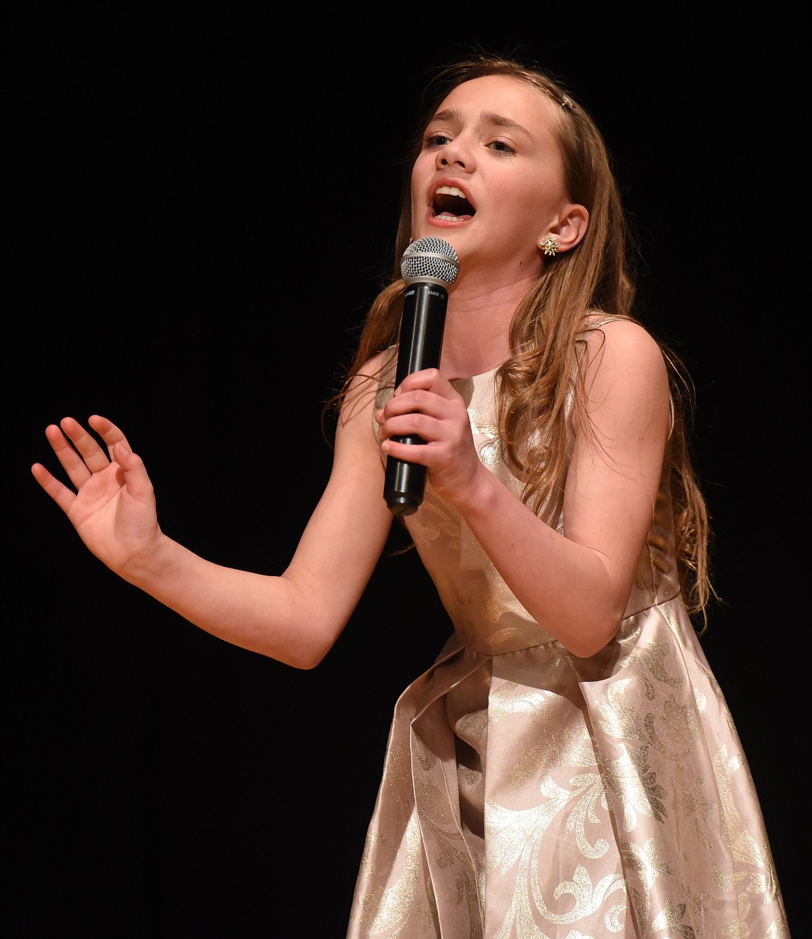 IRIS ARLINT was the winner of the Junior division during the Mission Valley Has Talent program last Friday, March 15 in the Polson High School Auditorium. She sang, &#147;This Girl is On Fire,&#148; and she was to the delight of spectators. (Joe Sova photos/Lake County Leader)