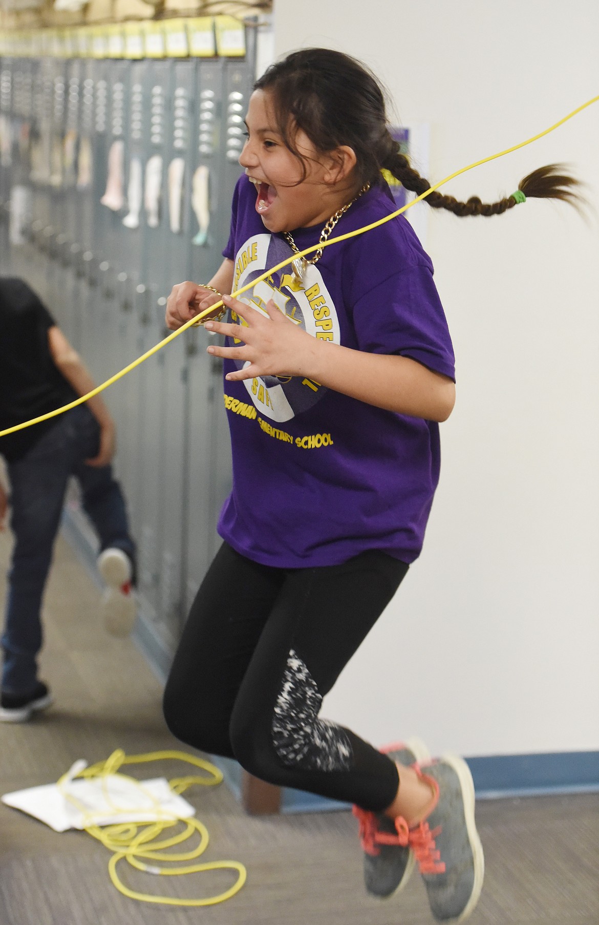 LINDERMAN ELEMENTARY student Gracie Tryon has lots of fun jumping rope during the Kids Heart Challenge at the school on March 13. Nearly $2,900 was raised by LES students and the money was donated to the American Heart Association.