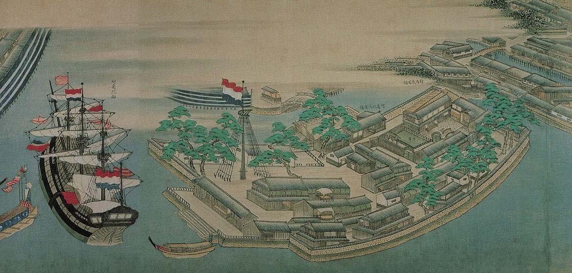 HISTORIOGRAPHICAL INSTITUTE OF THE UNIVERSITY OF TOKYO
Dutch and Chinese were the only foreigners allowed to trade with Japan, but confined to Deshima Island shown here next to Nagasaki where Ranald MacDonald was under house arrest and taught English to Japanese interpreters.