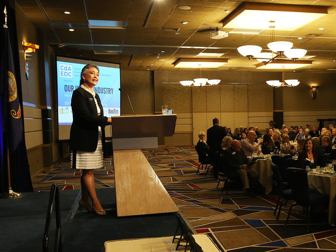 Gynii Gilliam, president of the Coeur d'Alene Area Economic Development Corporation, gives a financial report during the annual meeting Monday at The Coeur d'Alene Resort. (LOREN BENOIT/Press)