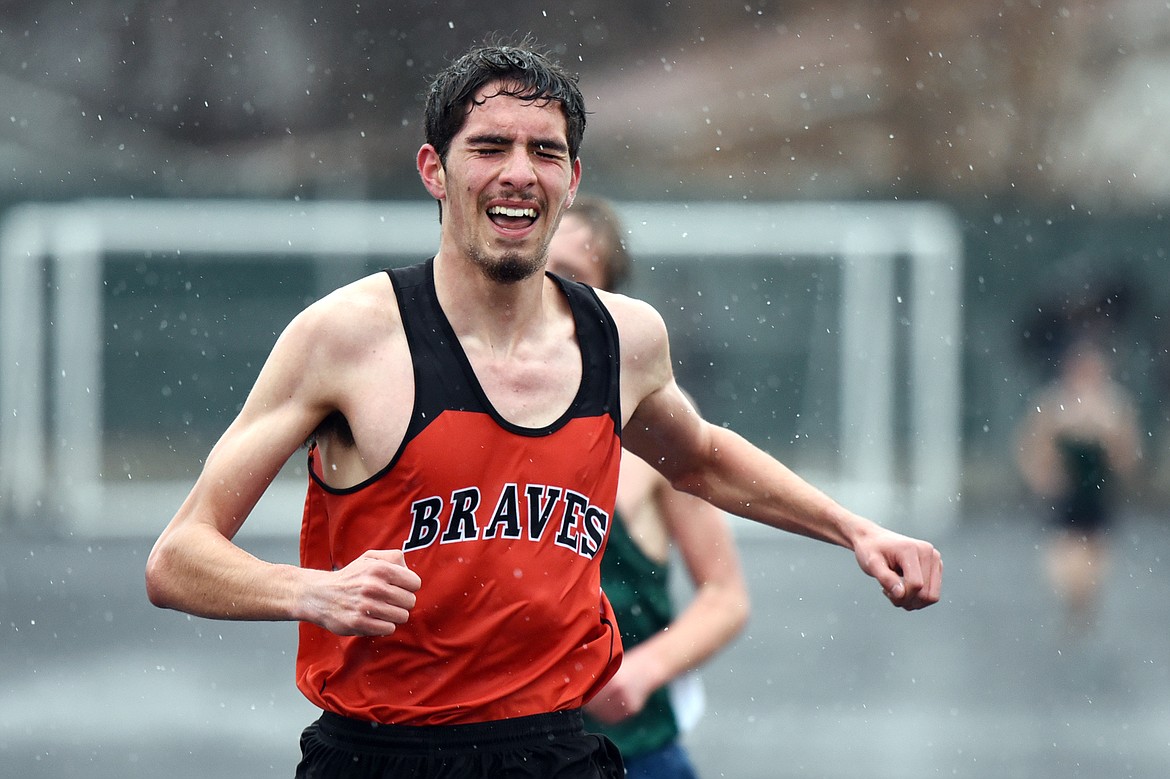 Flathead's Kyle Calles takes first place in the boys' 3,200 meter run at the Flathead Mini Invite at Legends Stadium on Tuesday. (Casey Kreider/Daily Inter Lake)