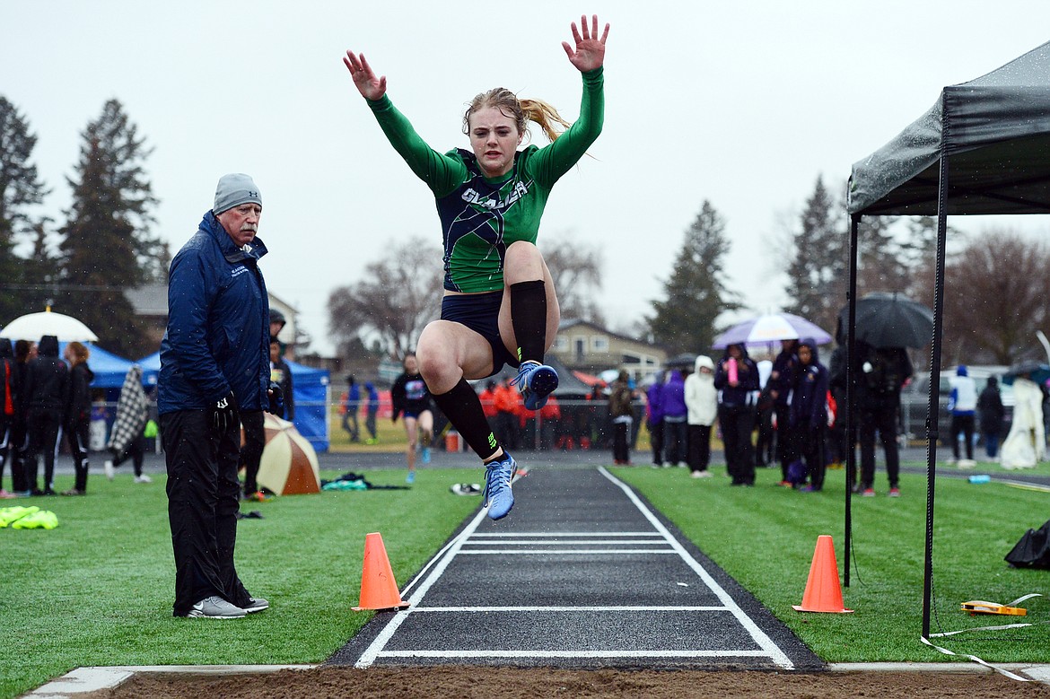 Glacier's Lexey Macura competes in the long jump at the Flathead Mini Invite at Legends Stadium on Tuesday. (Casey Kreider/Daily Inter Lake)