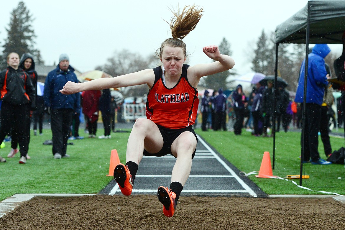 Flathead's Kennedy Kanter competes in the long jump at the Flathead Mini Invite at Legends Stadium on Tuesday. (Casey Kreider/Daily Inter Lake)