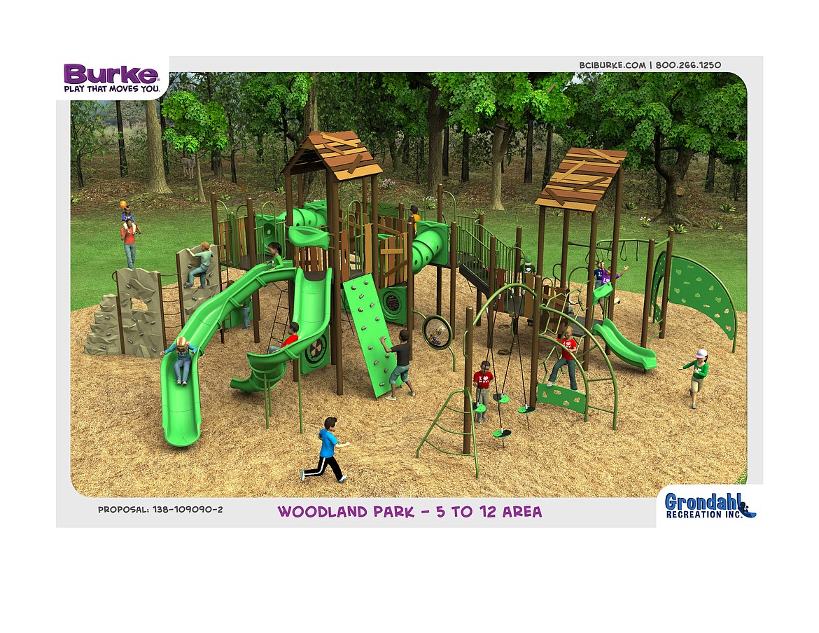 This graphic depicts the Burke Manufacturing playground for ages 5-12 to be constructed in Woodland Park this summer.