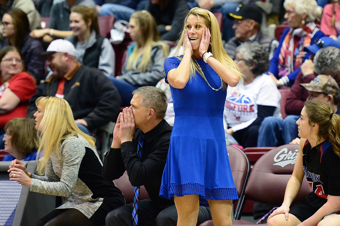 Bigfork coach Jami Grende reacts to a fourth-quarter foul call against the Valkyries' Jaime Berg during a semifinal matchup with Three Forks in the 2018 State Class B Girls' Basketball Tournament at the Adams Center in Missoula on Friday, March 9. (Casey Kreider/Daily Inter Lake)