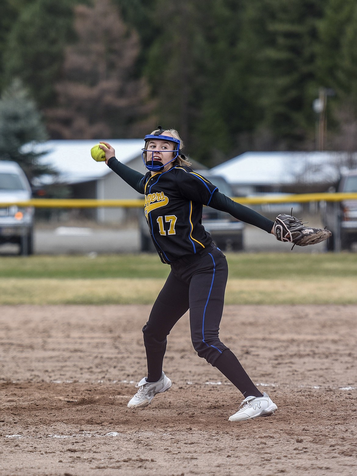 Libby junior Keira Ward pitches her final strike of the shutout against Columbia Falls, seventh inning, Saturday at Remp Field. (Ben Kibbey/The Western News)