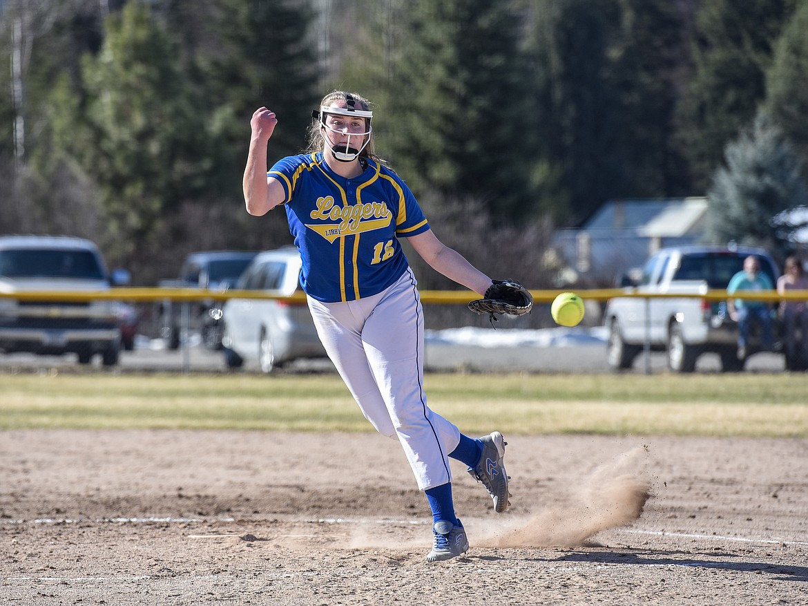 Libby&#146;s Taylor Munro pitches a strike against Troy&#146;s Mazzy Hermes, top of the second inning, Tuesday at Remp Field in Libby. (Ben Kibbey/The Western News)