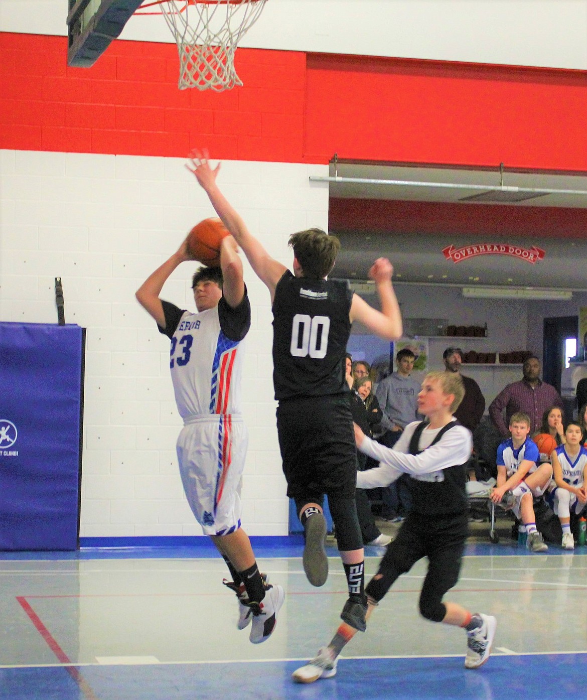 CLARK FORK Mountain Cat Chandon Vulles makes a basket against Frenchtown during the Superior Hoop Shoot in the seventh- and eighth-grade division held last weekend. (Kathleen Woodford photos/Mineral Independent)