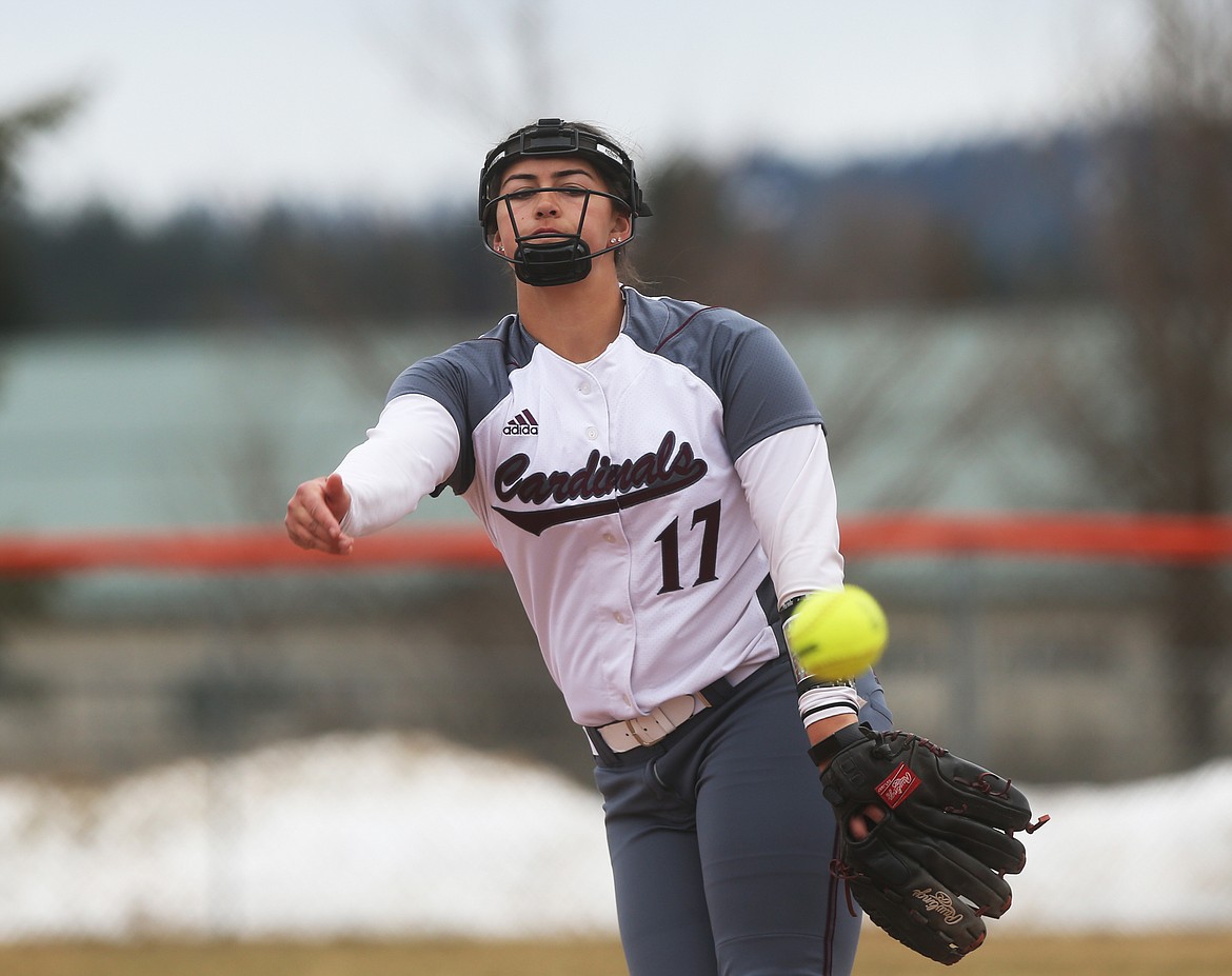 North Idaho College&#146;s Madi Mott delivers a pitch in the first game of a doubleheader against Big Bend.