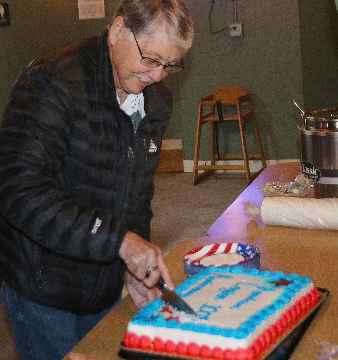 DON SEARS, a U.S. Army veteran who served from 1965-67, cuts the American Legion Paradise Post 129 cake on March 22 to commemorate the Legion&#146;s 100th birthday. The Paradise post is celebrating its 70th birthday. (Courtesy photo)