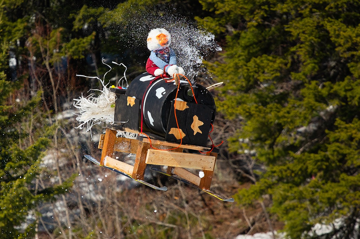 Some sort of duck gets airborne during the Dummy Derby at Whitefish Mountain Resort on Saturday. (Daniel McKay/Whitefish Pilot)