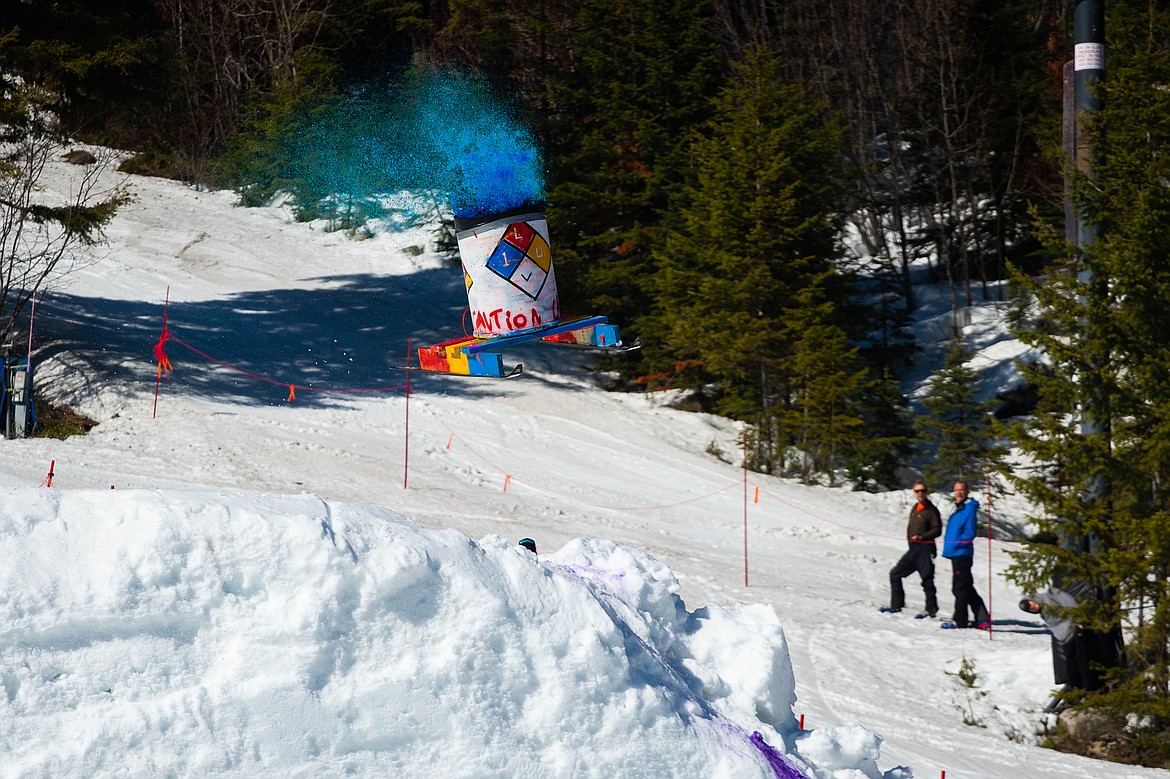 Hazardous waste gets launched during the Dummy Derby at Whitefish Mountain Resort on Saturday. (Daniel McKay/Whitefish Pilot)