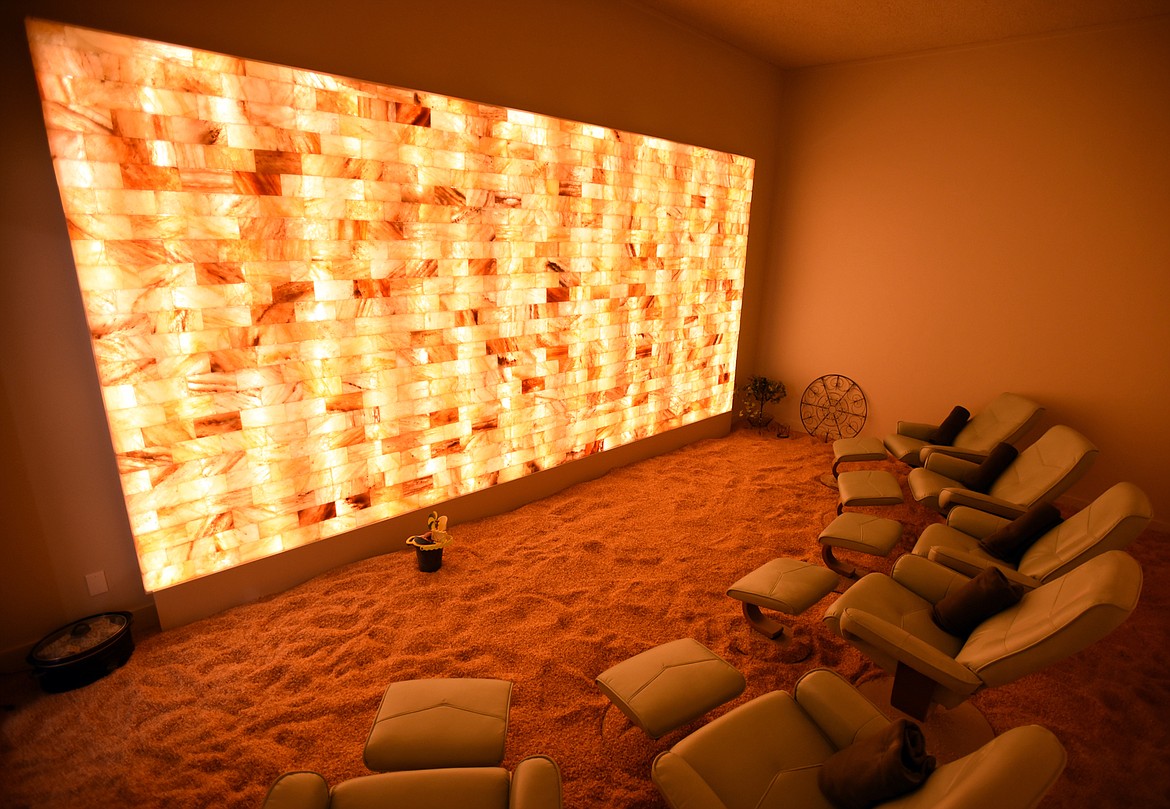 The large room at the Salt Box features recliners a wall of salt bricks as well as sold crystals to walk on. (Brenda Ahearn/Daily Inter Lake)