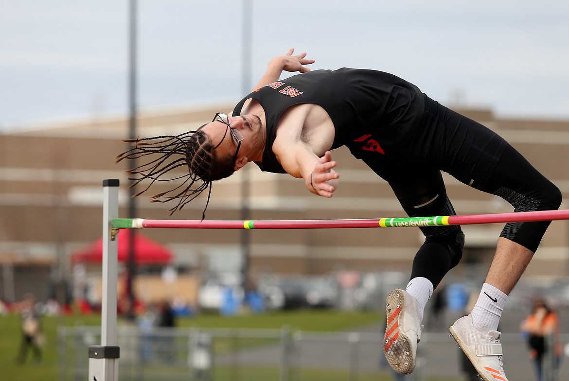Tyler Trengrove of Post Falls High leaps over the high jump at Thursday&#146;s Christina Finney Coed Relays track meet in Post Falls. (LOREN BENOIT/Press)