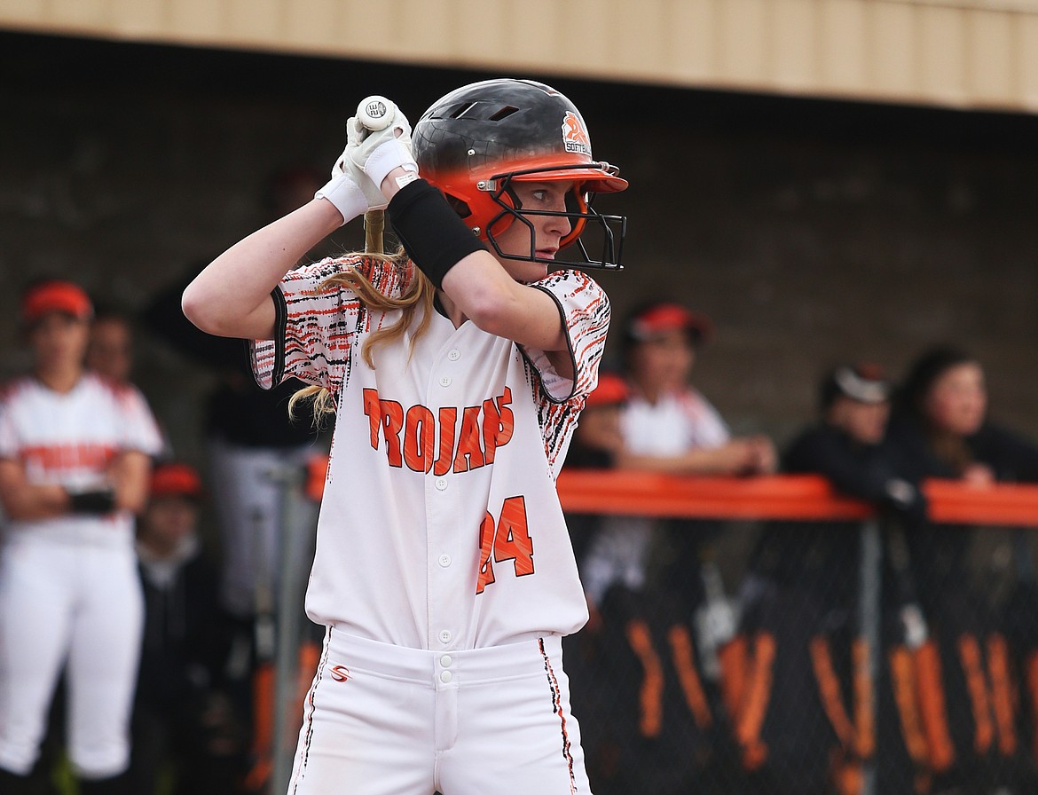 Jaden Donohoe of Post Falls High eyes the opposing pitcher in a game against Lake City on Tuesday in Post Falls. (LOREN BENOIT/Press)