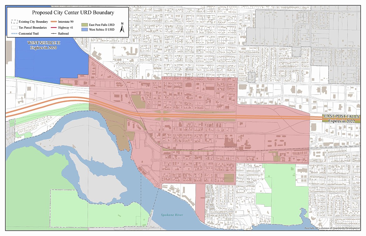 The pink area shows the boundaries of a proposed urban renewal district in the city center area of Post Falls. (Map courtesy of City of Post Falls)