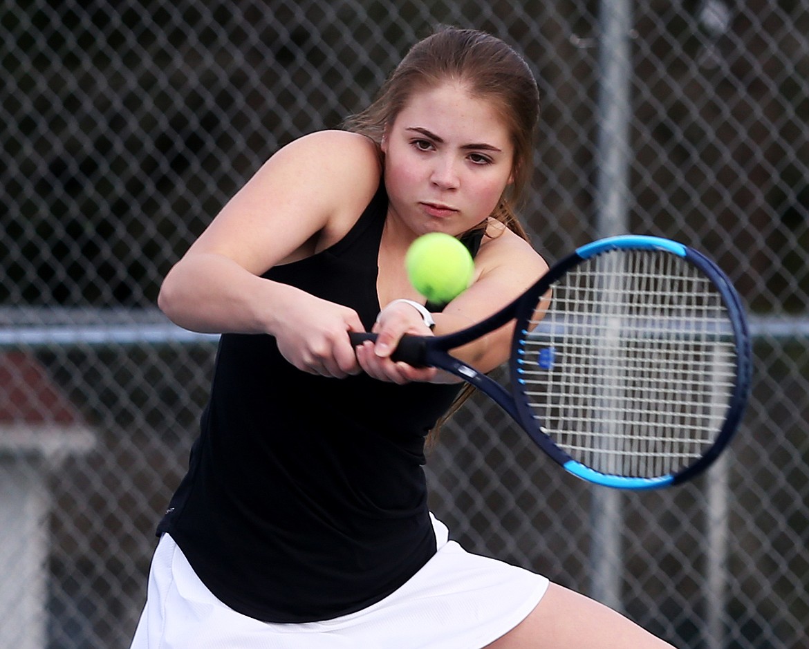 Coeur d&#146;Alene&#146;s Maggie Bloom hits a shot back over the net in the No. 1 girls doubles match against Post Falls.