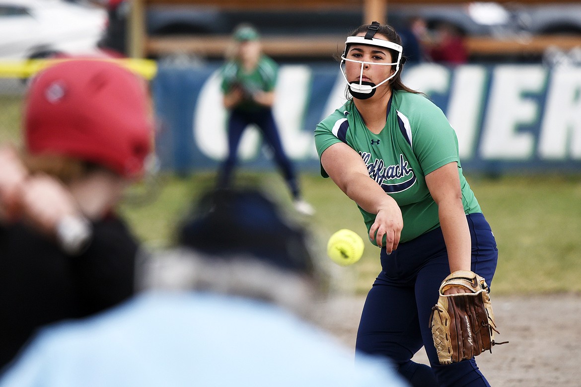 Glacier pitcher Sage Vanterpool works in the first inning against Missoula Hellgate at Glacier High School on Friday. (Casey Kreider/Daily Inter Lake)