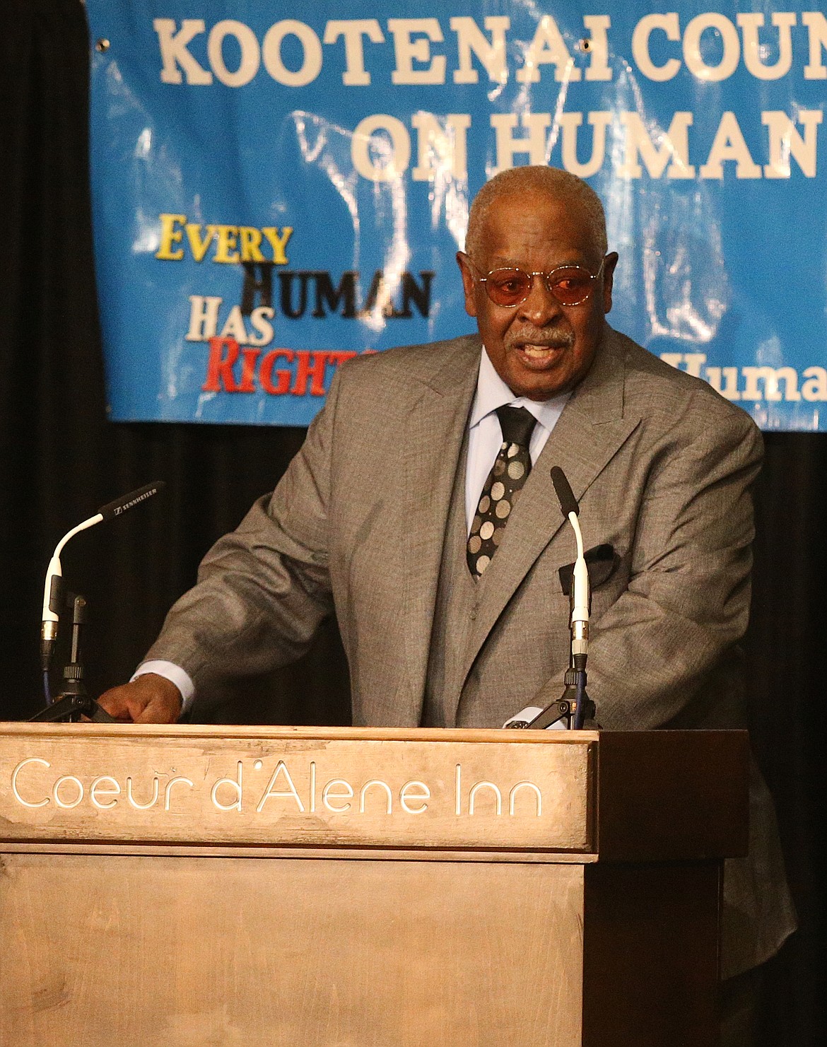 Reverend Happy Wilkins speaks an excerpt from Martin Luther King Jr.&#146;s &#147;I have a Dream&#148; speech at Friday&#146;s Human Rights Banquet at the Best Western Plus Coeur d&#146;Alene Inn. (LOREN BENOIT/Press)