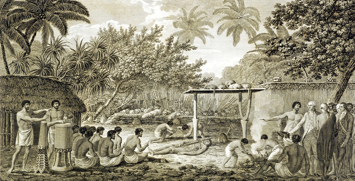 THE BRITISH MUSEUM   
Captain Cook wirnessed a human sacrifice ceremony in Tahiti while on his way to Hawaii and exploration of the West Coast of North America, the victim said to be already dead prior to rituals.