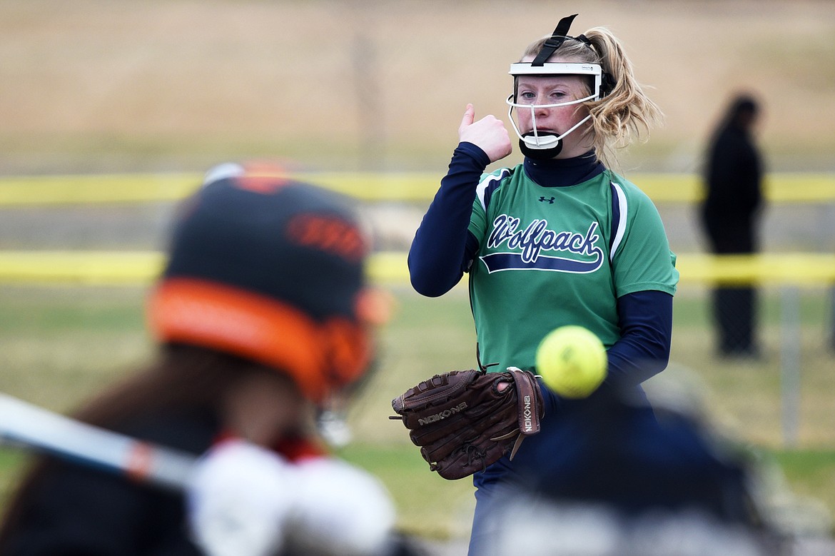 Glacier's Kynzie Mohl fires a pitch in the second game of a doubleheader against Flathead at Kidsports Complex on Tuesday. (Casey Kreider/Daily Inter Lake)