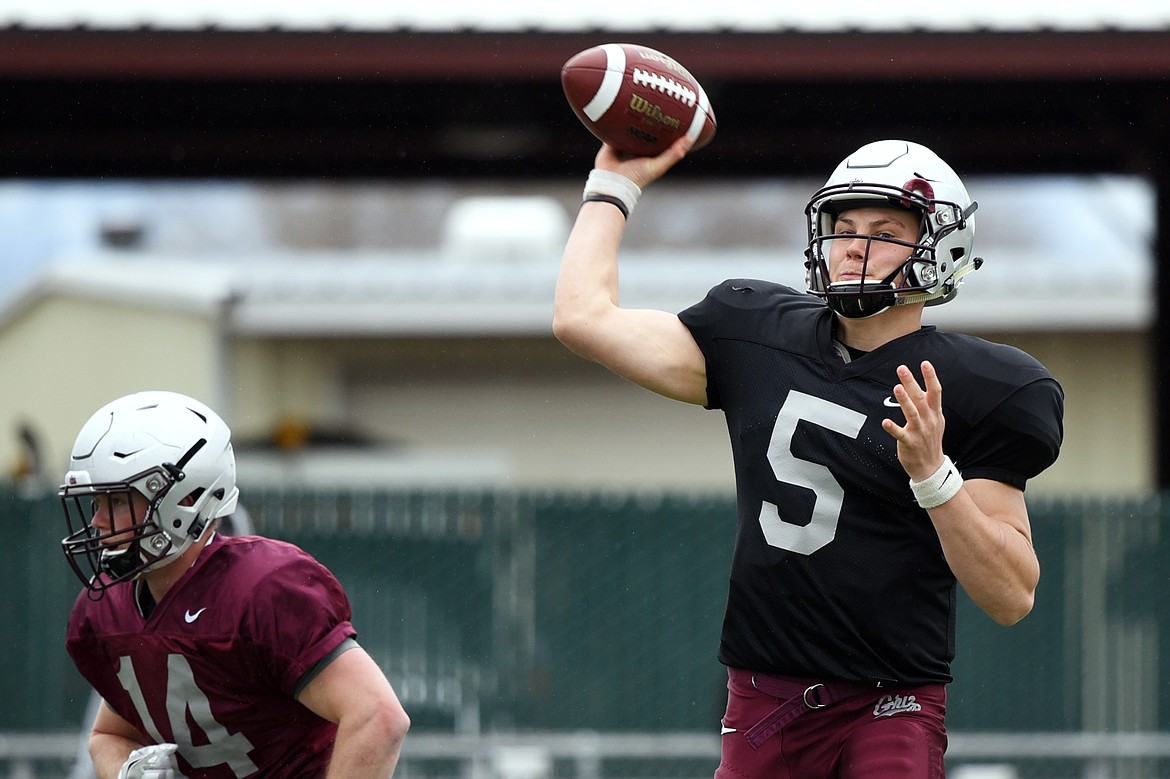 Montana Grizzlies quarterback Garrett Graves (5), from Lincoln County High School, throws during the Spring Game at Legends Stadium in Kalispell on Saturday. (Casey Kreider/Daily Inter Lake)