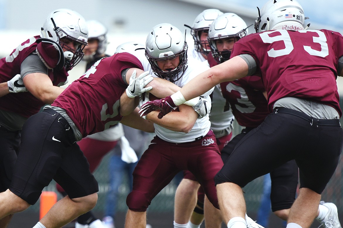 Montana Grizzlies running back Ryan Arntson (14) is swarmed by Maroon team defenders during the Spring Game at Legends Stadium on Saturday. (Casey Kreider/Daily Inter Lake)