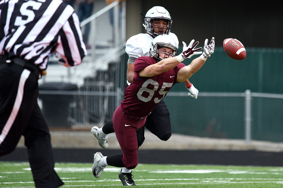 Montana Grizzlies wide receiver Danny Burton (85) has a pass sail out of reach during the Spring Game at Legends Stadium in Kalispell on Saturday. (Casey Kreider/Daily Inter Lake)