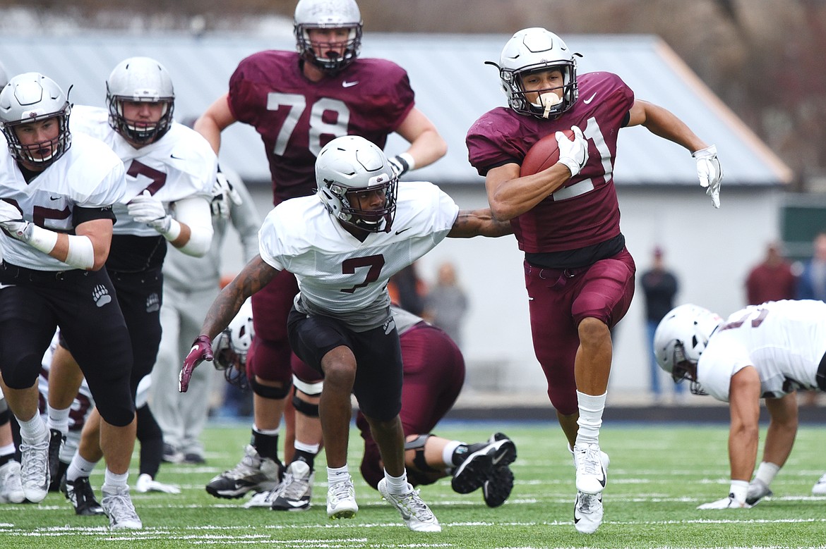 Montana Grizzlies running back Marcus Knight (21) breaks free for a long run in the Spring Game at Legends Stadium in Kalispell on Saturday. (Casey Kreider/Daily Inter Lake)