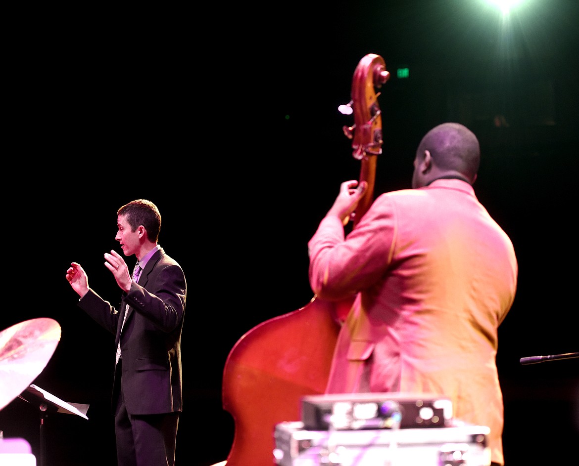 Mark McCrady of Whitefish High School leads the members of the Flathead Ellington Project and their guests at the sound check for the The Love Lives Here Annual Martin Luther King Celebration at the Whitefish Performing Arts Center in January.