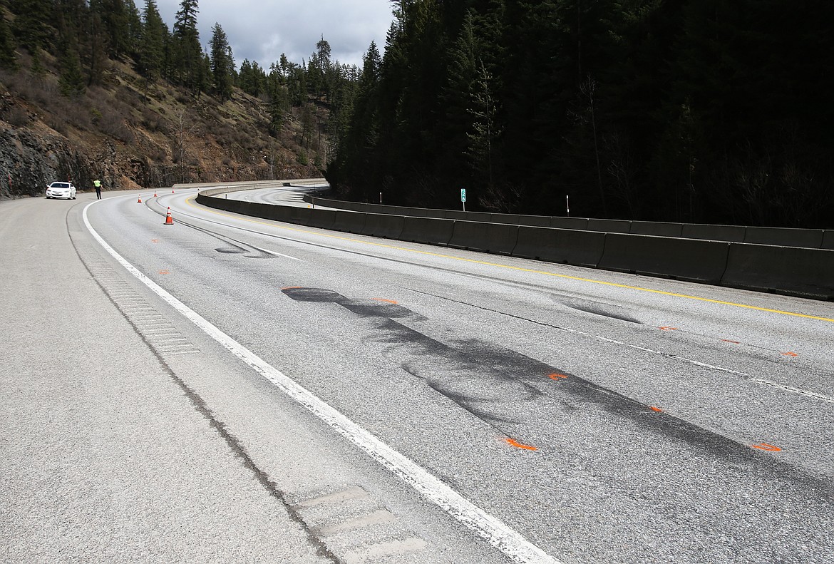 A semi trailer lost control around this curve on westbound Interstate 90, milepost 26, on Fourth of July Pass on Wednesday. According to Idaho State Police, the driver lost conrol due to fast speeds. (LOREN BENOIT/Press)