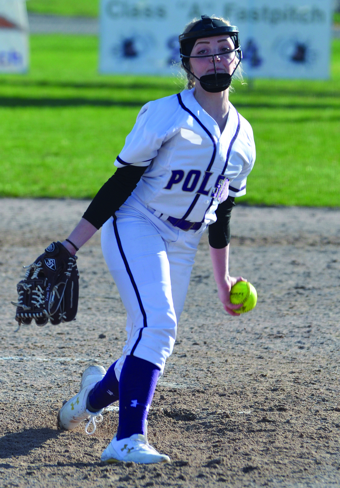 POLSON HIGH School pitcher Katelyne Druyvestein delivers a pitch in the game against Hamilton Thursday afternoon at Polson High School. (Jason Blasco/Lake County Leader)